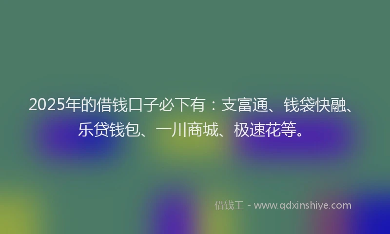 2025年的借钱口子必下有：支富通、钱袋快融、乐贷钱包、一川商城、极速花等。