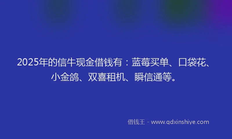 2025年的信牛现金借钱有：蓝莓买单、口袋花、小金鸽、双喜租机、瞬信通等。