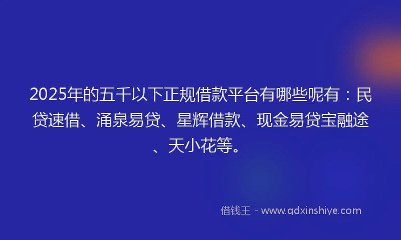 2025年的五千以下正规借款平台有哪些呢有：民贷速借、涌泉易贷、星辉借款、现金易贷宝融途、天小花等。
