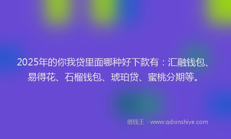 2025年的你我贷里面哪种好下款有：汇融钱包、易得花、石榴钱包、琥珀贷、蜜桃分期等。