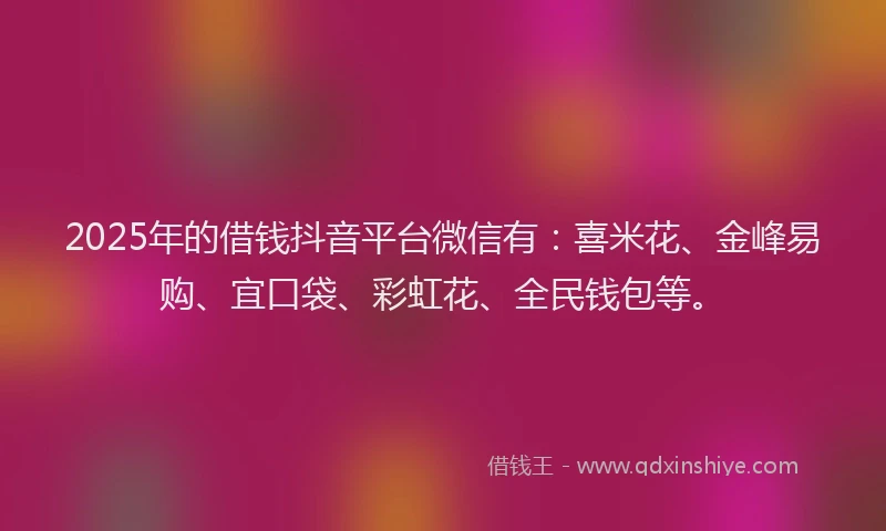 2025年的借钱抖音平台微信有：喜米花、金峰易购、宜口袋、彩虹花、全民钱包等。