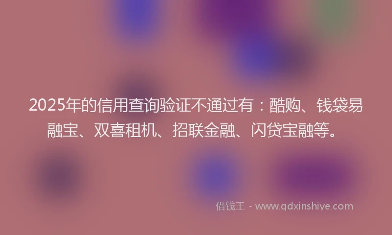 2025年的信用查询验证不通过有：酷购、钱袋易融宝、双喜租机、招联金融、闪贷宝融等。