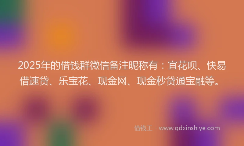2025年的借钱群微信备注昵称有：宜花呗、快易借速贷、乐宝花、现金网、现金秒贷通宝融等。
