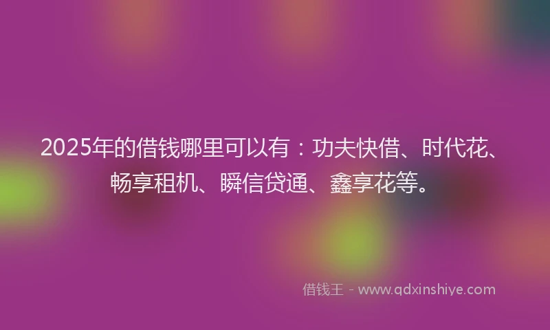 2025年的借钱哪里可以有：功夫快借、时代花、畅享租机、瞬信贷通、鑫享花等。