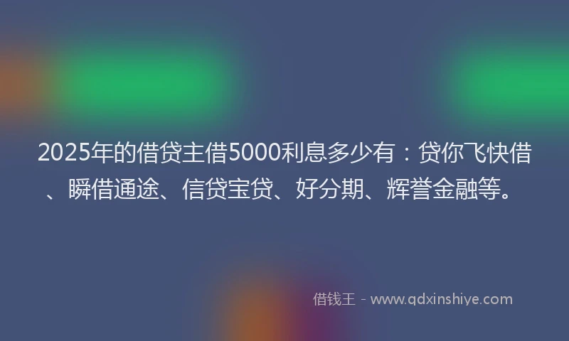 2025年的借贷主借5000利息多少有：贷你飞快借、瞬借通途、信贷宝贷、好分期、辉誉金融等。