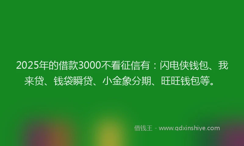 2025年的借款3000不看征信有：闪电侠钱包、我来贷、钱袋瞬贷、小金象分期、旺旺钱包等。
