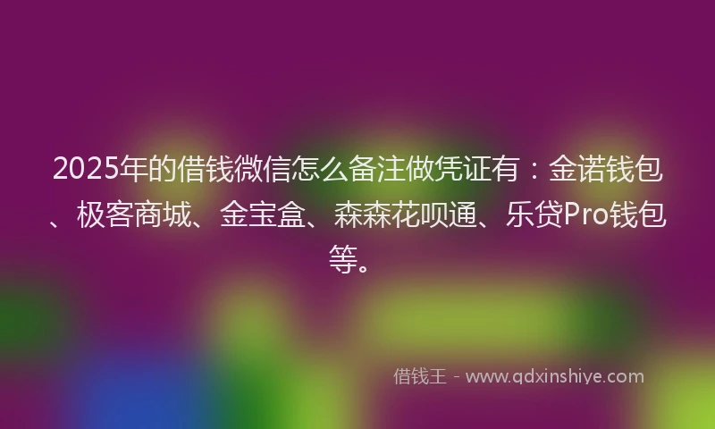2025年的借钱微信怎么备注做凭证有：金诺钱包、极客商城、金宝盒、森森花呗通、乐贷Pro钱包等。