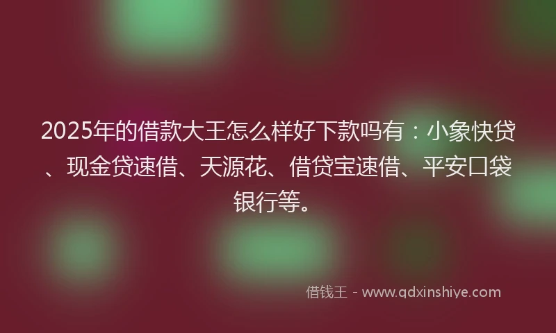 2025年的借款大王怎么样好下款吗有：小象快贷、现金贷速借、天源花、借贷宝速借、平安口袋银行等。
