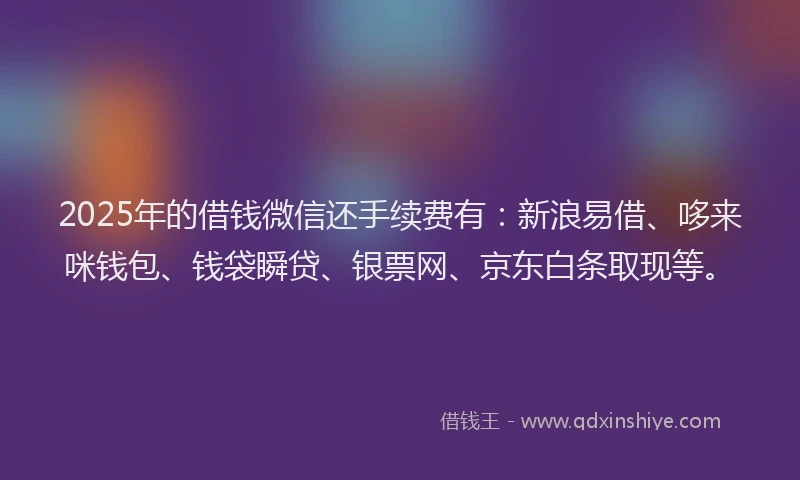 2025年的借钱微信还手续费有：新浪易借、哆来咪钱包、钱袋瞬贷、银票网、京东白条取现等。
