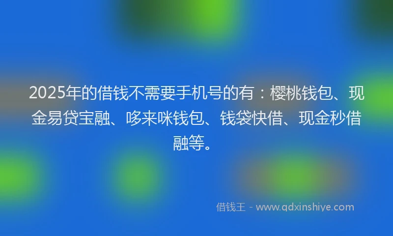 2025年的借钱不需要手机号的有：樱桃钱包、现金易贷宝融、哆来咪钱包、钱袋快借、现金秒借融等。