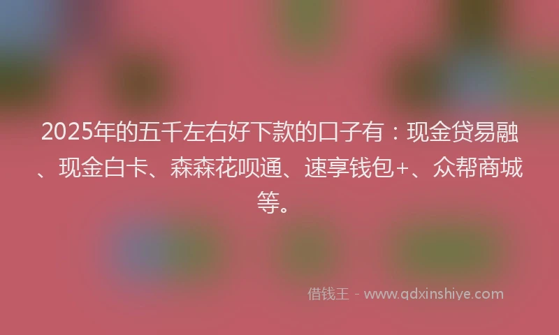 2025年的五千左右好下款的口子有：现金贷易融、现金白卡、森森花呗通、速享钱包+、众帮商城等。