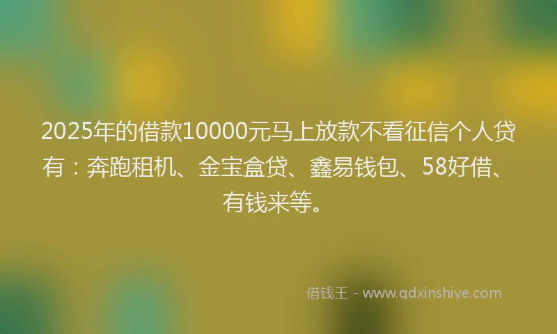 2025年的借款10000元马上放款不看征信个人贷有：奔跑租机、金宝盒贷、鑫易钱包、58好借、有钱来等。