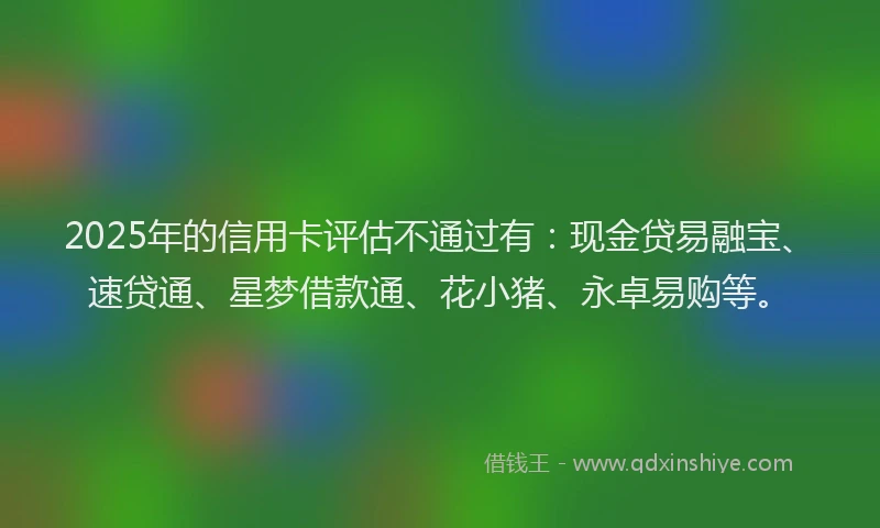 2025年的信用卡评估不通过有：现金贷易融宝、速贷通、星梦借款通、花小猪、永卓易购等。