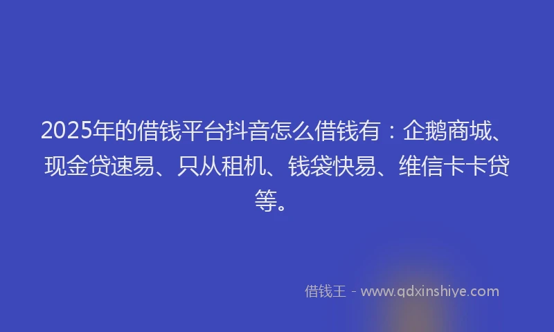 2025年的借钱平台抖音怎么借钱有：企鹅商城、现金贷速易、只从租机、钱袋快易、维信卡卡贷等。
