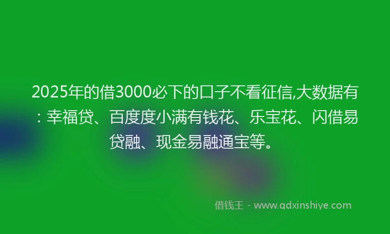 2025年的借3000必下的口子不看征信,大数据有：幸福贷、百度度小满有钱花、乐宝花、闪借易贷融、现金易融通宝等。