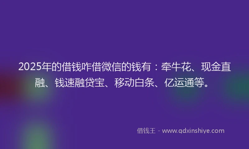 2025年的借钱咋借微信的钱有：牵牛花、现金直融、钱速融贷宝、移动白条、亿运通等。