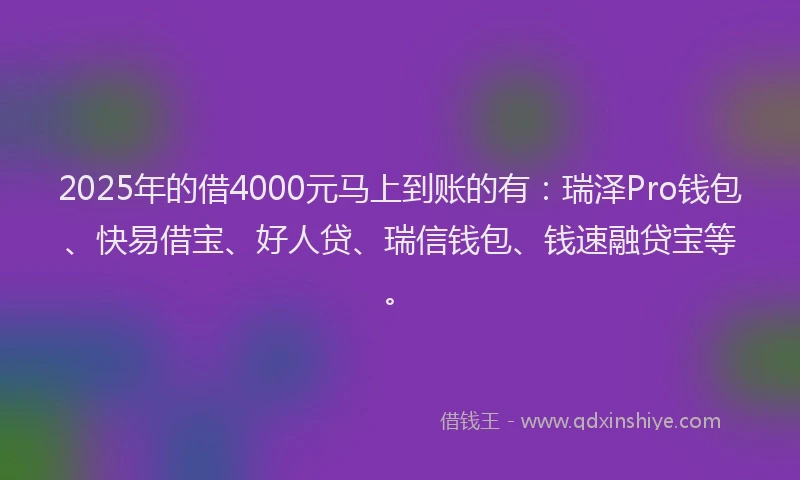 2025年的借4000元马上到账的有：瑞泽Pro钱包、快易借宝、好人贷、瑞信钱包、钱速融贷宝等。