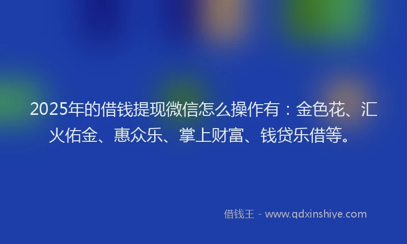 2025年的借钱提现微信怎么操作有：金色花、汇火佑金、惠众乐、掌上财富、钱贷乐借等。