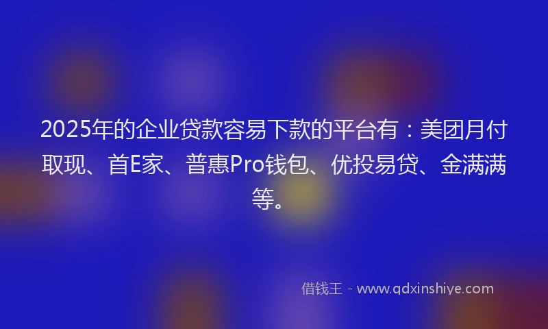 2025年的企业贷款容易下款的平台有：美团月付取现、首E家、普惠Pro钱包、优投易贷、金满满等。
