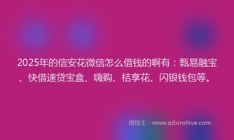 2025年的信安花微信怎么借钱的啊有：甄易融宝、快借速贷宝盒、嗨购、桔享花、闪银钱包等。