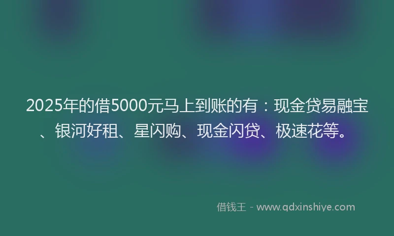 2025年的借5000元马上到账的有：现金贷易融宝、银河好租、星闪购、现金闪贷、极速花等。