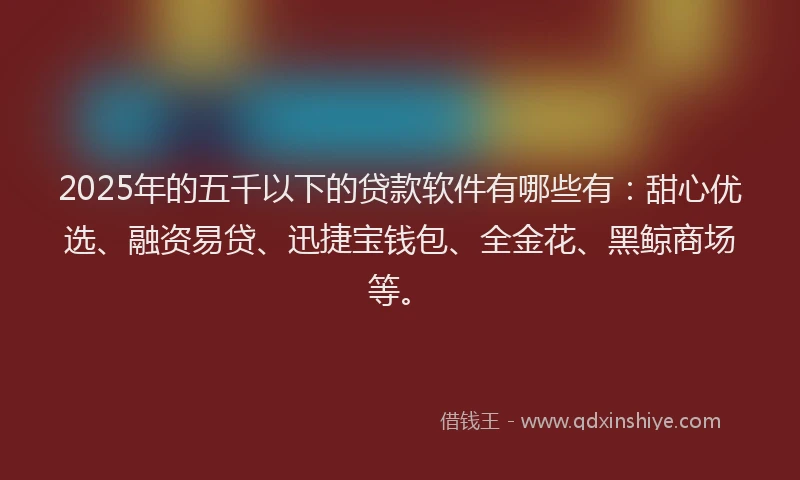 2025年的五千以下的贷款软件有哪些有：甜心优选、融资易贷、迅捷宝钱包、全金花、黑鲸商场等。
