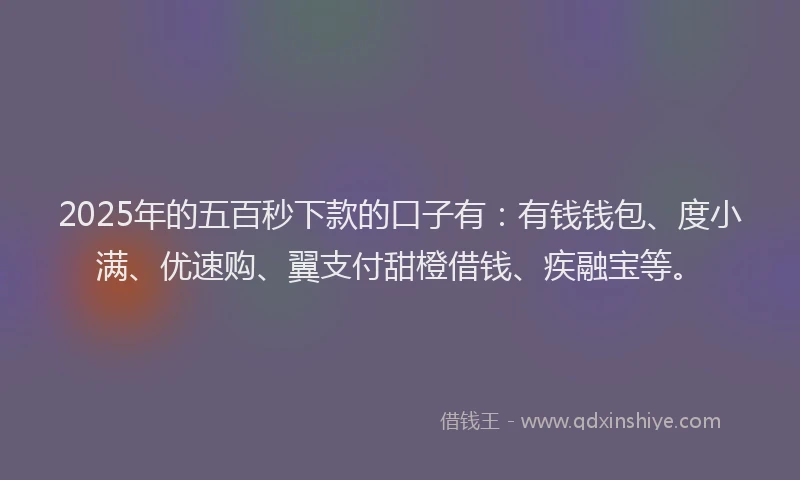 2025年的五百秒下款的口子有：有钱钱包、度小满、优速购、翼支付甜橙借钱、疾融宝等。