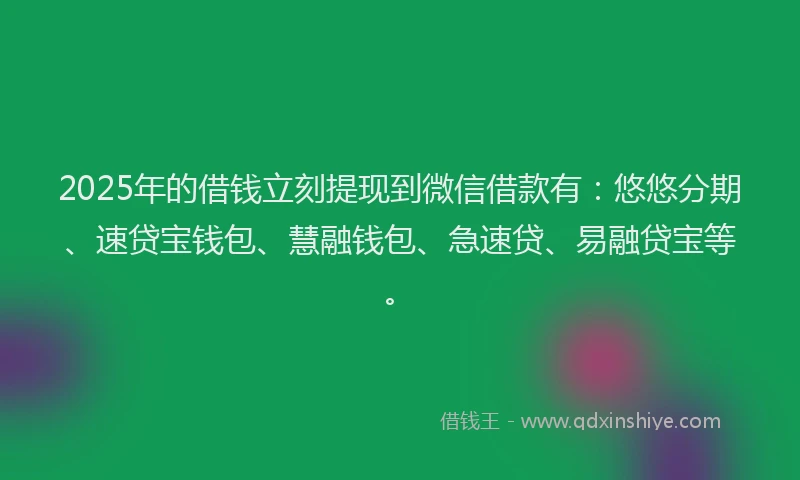 2025年的借钱立刻提现到微信借款有：悠悠分期、速贷宝钱包、慧融钱包、急速贷、易融贷宝等。