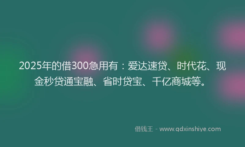 2025年的借300急用有：爱达速贷、时代花、现金秒贷通宝融、省时贷宝、千亿商城等。