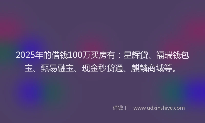 2025年的借钱100万买房有：星辉贷、福瑞钱包宝、甄易融宝、现金秒贷通、麒麟商城等。