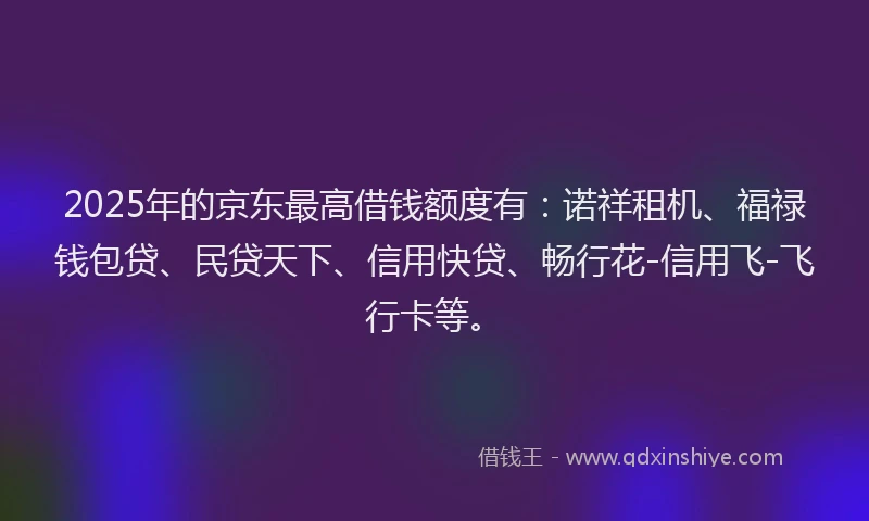 2025年的京东最高借钱额度有：诺祥租机、福禄钱包贷、民贷天下、信用快贷、畅行花-信用飞-飞行卡等。