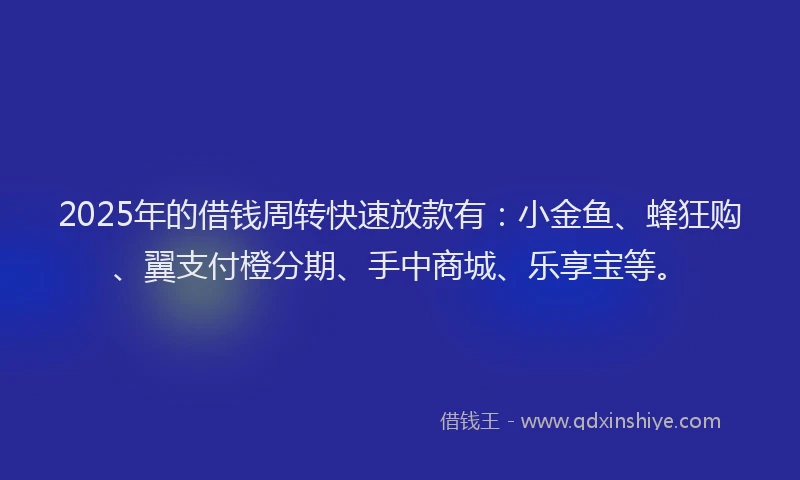 2025年的借钱周转快速放款有：小金鱼、蜂狂购、翼支付橙分期、手中商城、乐享宝等。