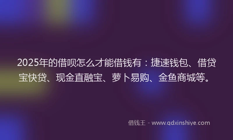 2025年的借呗怎么才能借钱有：捷速钱包、借贷宝快贷、现金直融宝、萝卜易购、金鱼商城等。