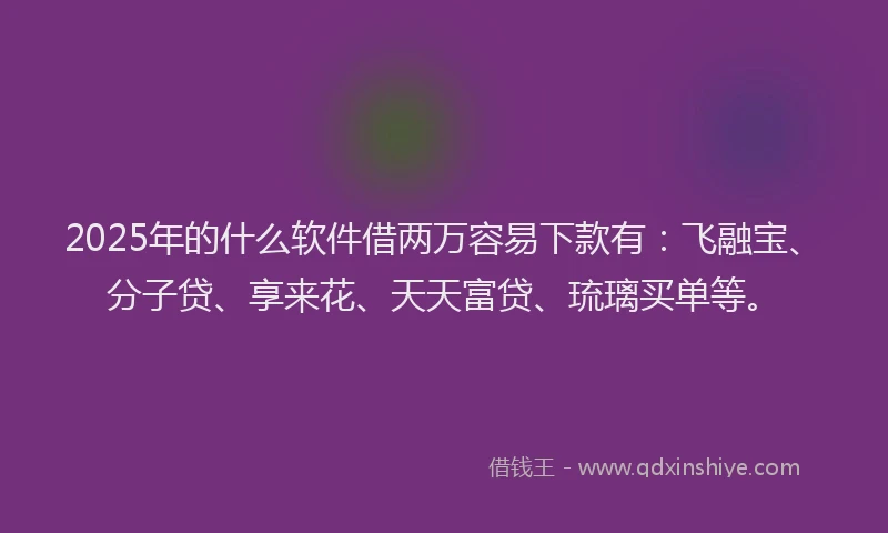 2025年的什么软件借两万容易下款有：飞融宝、分子贷、享来花、天天富贷、琉璃买单等。