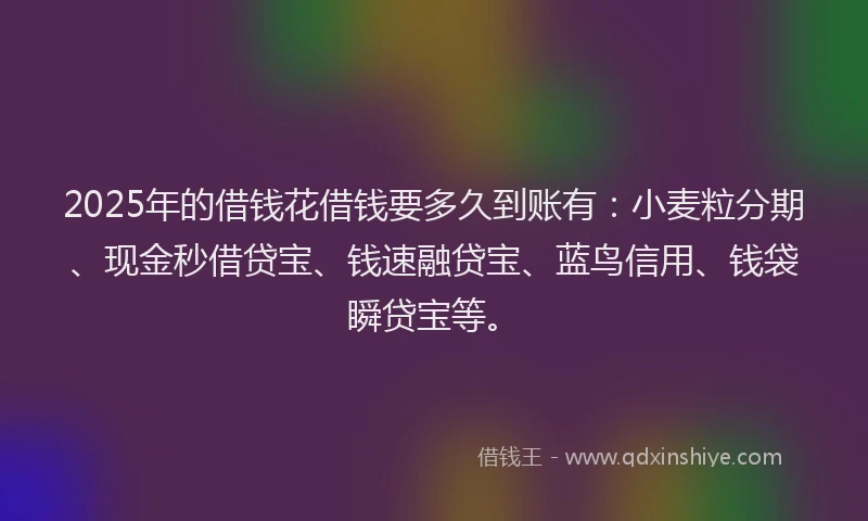 2025年的借钱花借钱要多久到账有：小麦粒分期、现金秒借贷宝、钱速融贷宝、蓝鸟信用、钱袋瞬贷宝等。
