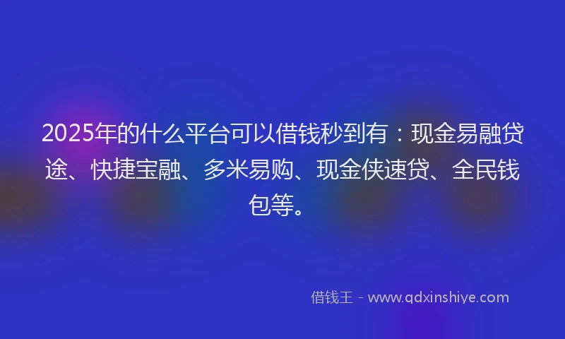 2025年的什么平台可以借钱秒到有：现金易融贷途、快捷宝融、多米易购、现金侠速贷、全民钱包等。