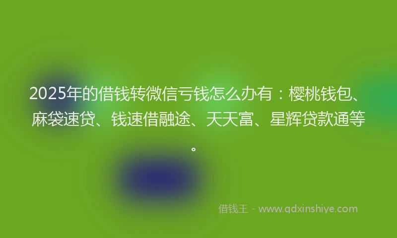 2025年的借钱转微信亏钱怎么办有：樱桃钱包、麻袋速贷、钱速借融途、天天富、星辉贷款通等。