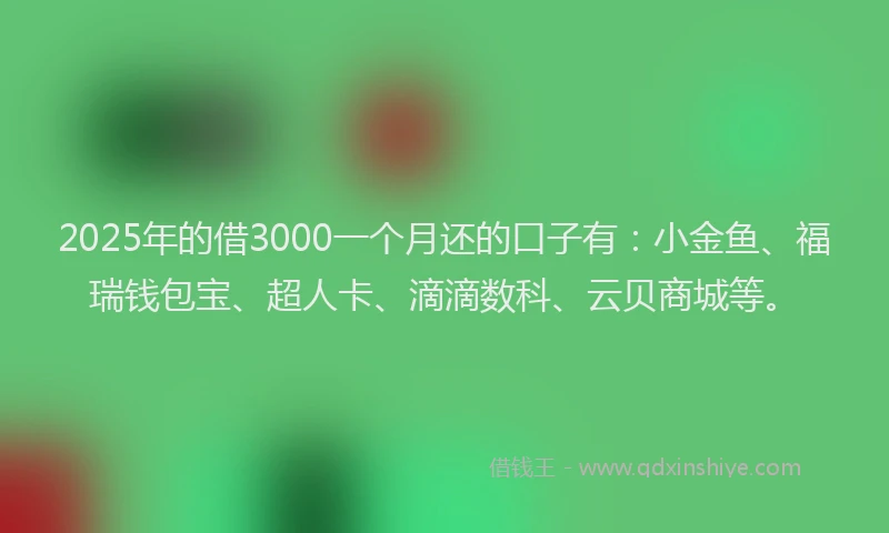 2025年的借3000一个月还的口子有：小金鱼、福瑞钱包宝、超人卡、滴滴数科、云贝商城等。