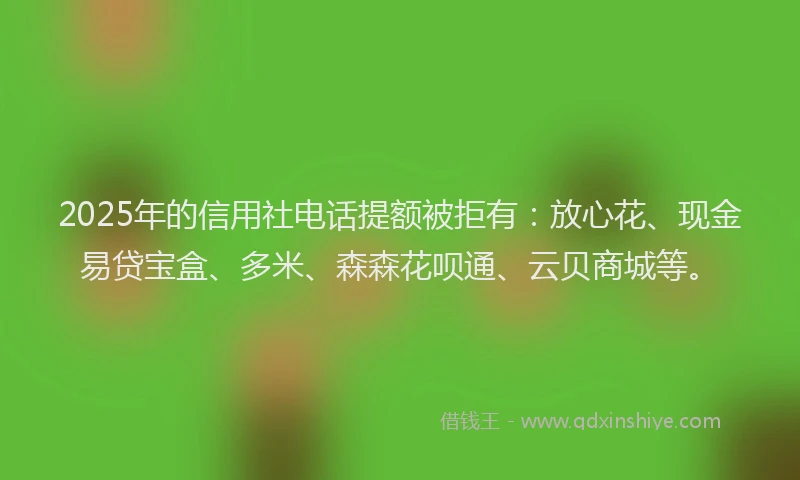 2025年的信用社电话提额被拒有：放心花、现金易贷宝盒、多米、森森花呗通、云贝商城等。