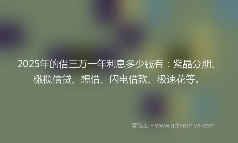 2025年的借三万一年利息多少钱有：紫晶分期、橄榄信贷、想借、闪电借款、极速花等。