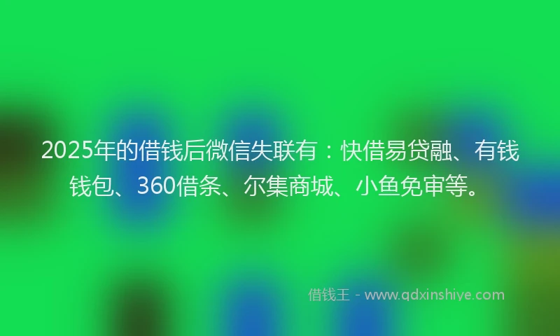 2025年的借钱后微信失联有：快借易贷融、有钱钱包、360借条、尔集商城、小鱼免审等。