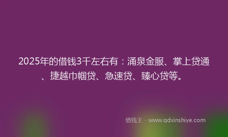 2025年的借钱3千左右有：涌泉金服、掌上贷通、捷越巾帼贷、急速贷、臻心贷等。