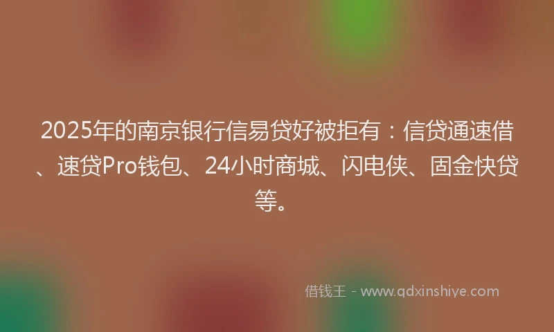 2025年的南京银行信易贷好被拒有：信贷通速借、速贷Pro钱包、24小时商城、闪电侠、固金快贷等。