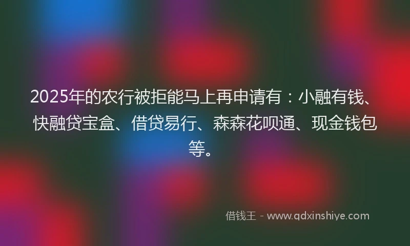 2025年的农行被拒能马上再申请有：小融有钱、快融贷宝盒、借贷易行、森森花呗通、现金钱包等。