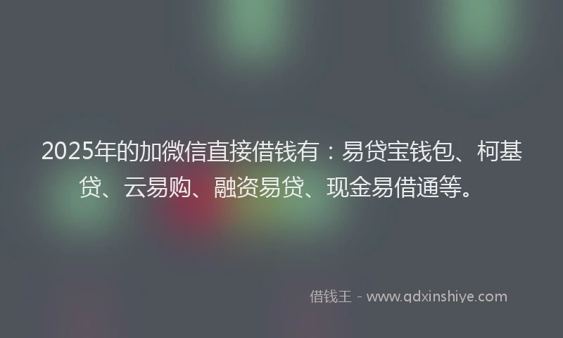 2025年的加微信直接借钱有：易贷宝钱包、柯基贷、云易购、融资易贷、现金易借通等。
