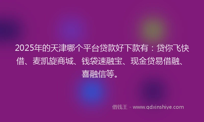 2025年的天津哪个平台贷款好下款有：贷你飞快借、麦凯旋商城、钱袋速融宝、现金贷易借融、喜融信等。
