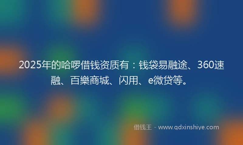 2025年的哈啰借钱资质有：钱袋易融途、360速融、百樂商城、闪用、e微贷等。