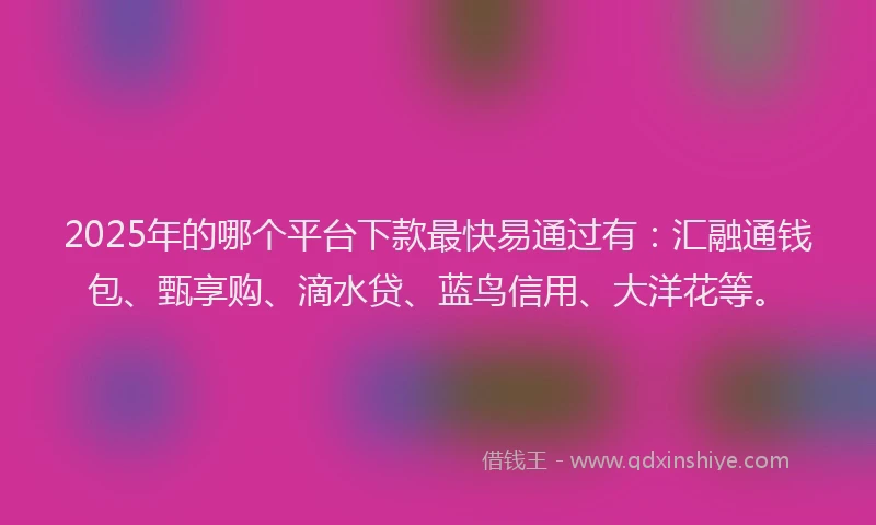 2025年的哪个平台下款最快易通过有：汇融通钱包、甄享购、滴水贷、蓝鸟信用、大洋花等。