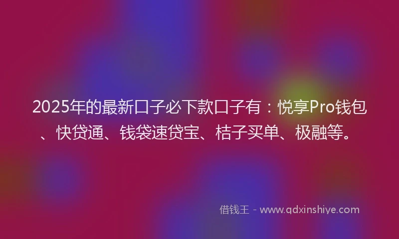 2025年的最新口子必下款口子有：悦享Pro钱包、快贷通、钱袋速贷宝、桔子买单、极融等。
