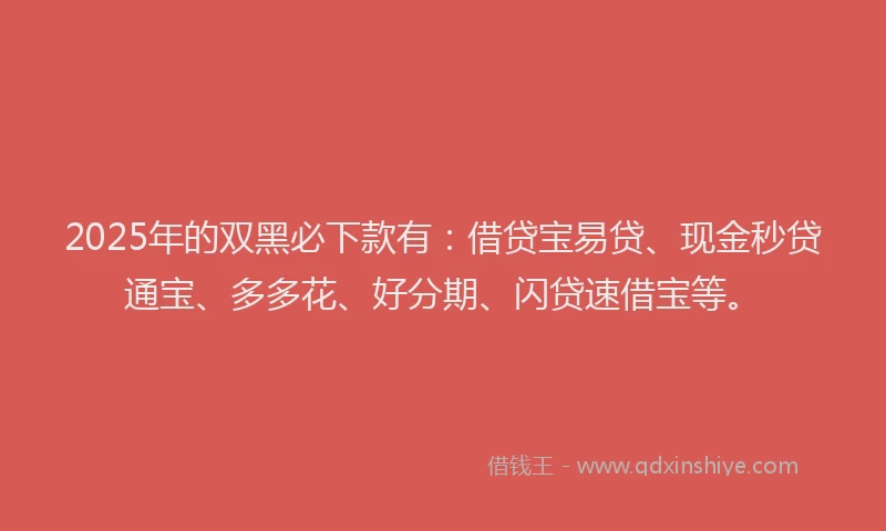 2025年的双黑必下款有：借贷宝易贷、现金秒贷通宝、多多花、好分期、闪贷速借宝等。
